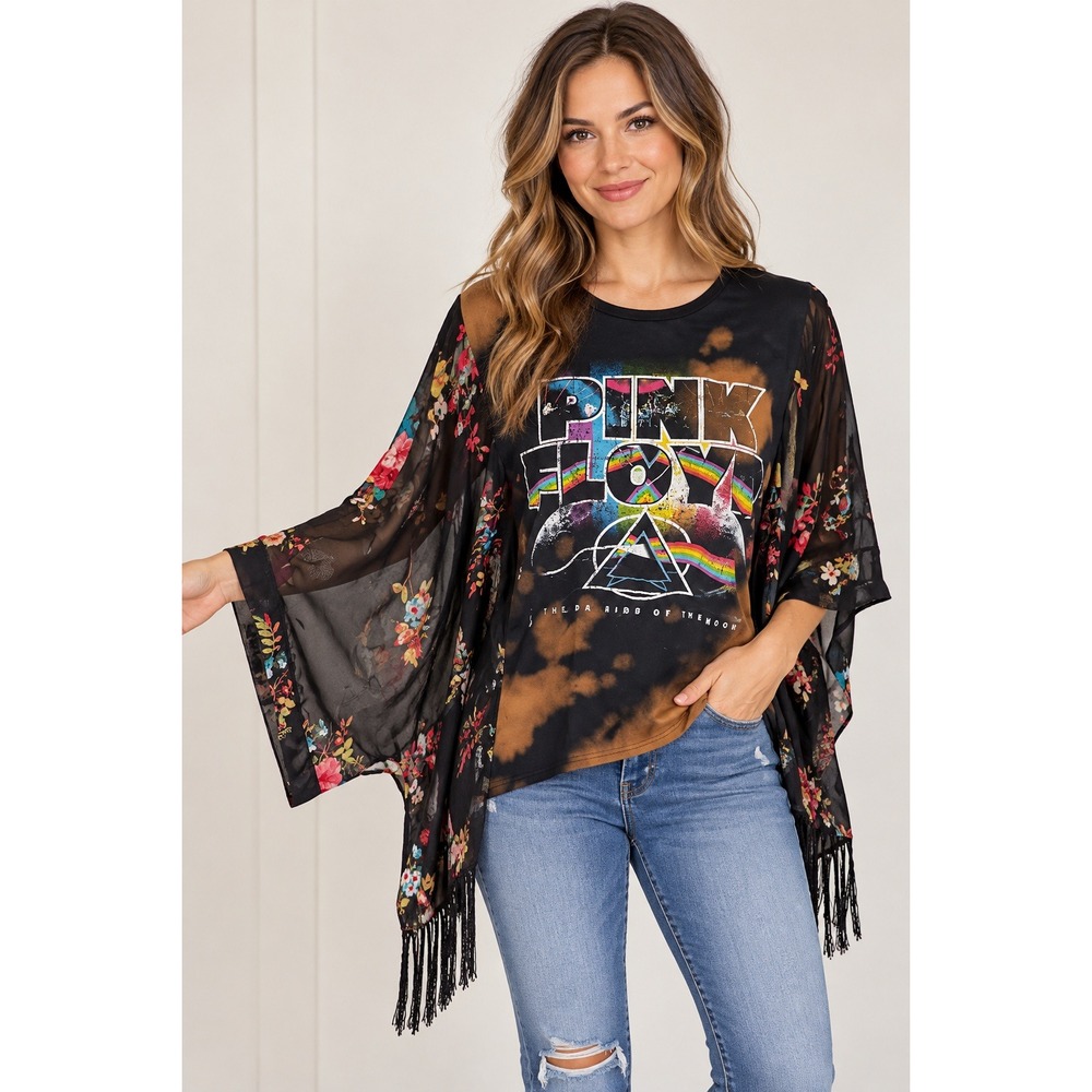 Pink Floyd Upcycled Bleach Wash Tee Floral Kimono Sleeve Fringe Top One Size